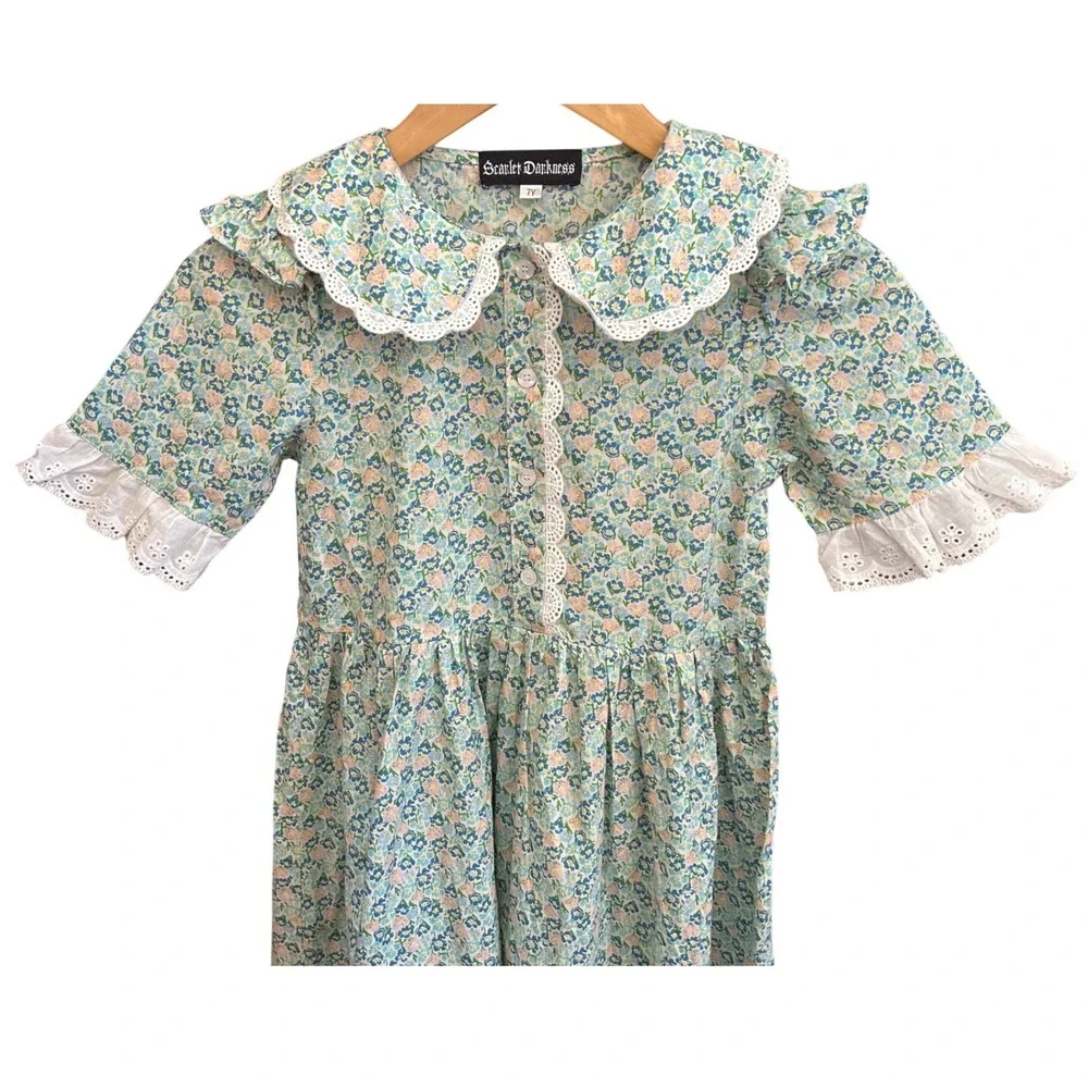 7Y Scarlet Darkness Floral Maxi Dress Cottagecore Prairie Victorian Eyelet Lace - Picture 2 of 5